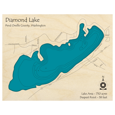 Bathymetric topo map of Diamond Lake, WA with roads, towns and depths noted in blue water.