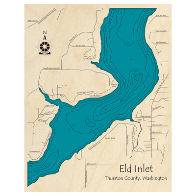 Bathymetric topo map of Eld Inlet, WA with roads, towns and depths noted in blue water.