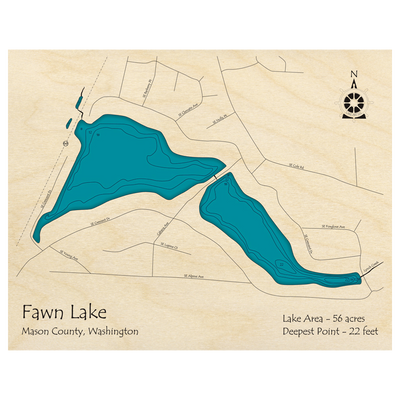 Bathymetric topo map of Fawn Lake, WA with roads, towns and depths noted in blue water.