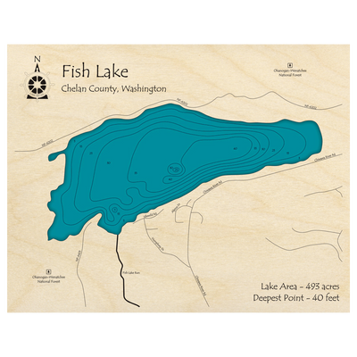Bathymetric topo map of Fish Lake, WA with roads, towns and depths noted in blue water.