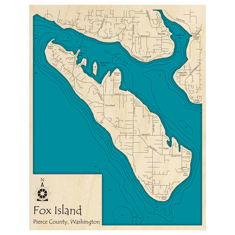 Bathymetric topo map of Fox Island, WA with roads, towns and depths noted in blue water.