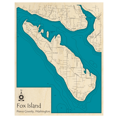 Bathymetric topo map of Fox Island, WA with roads, towns and depths noted in blue water.