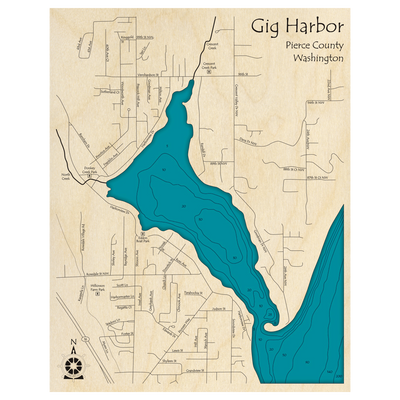 Bathymetric topo map of Gig Harbor, WA with roads, towns and depths noted in blue water.