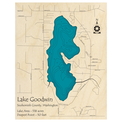 Bathymetric topo map of Lake Goodwin, WA with roads, towns and depths noted in blue water.