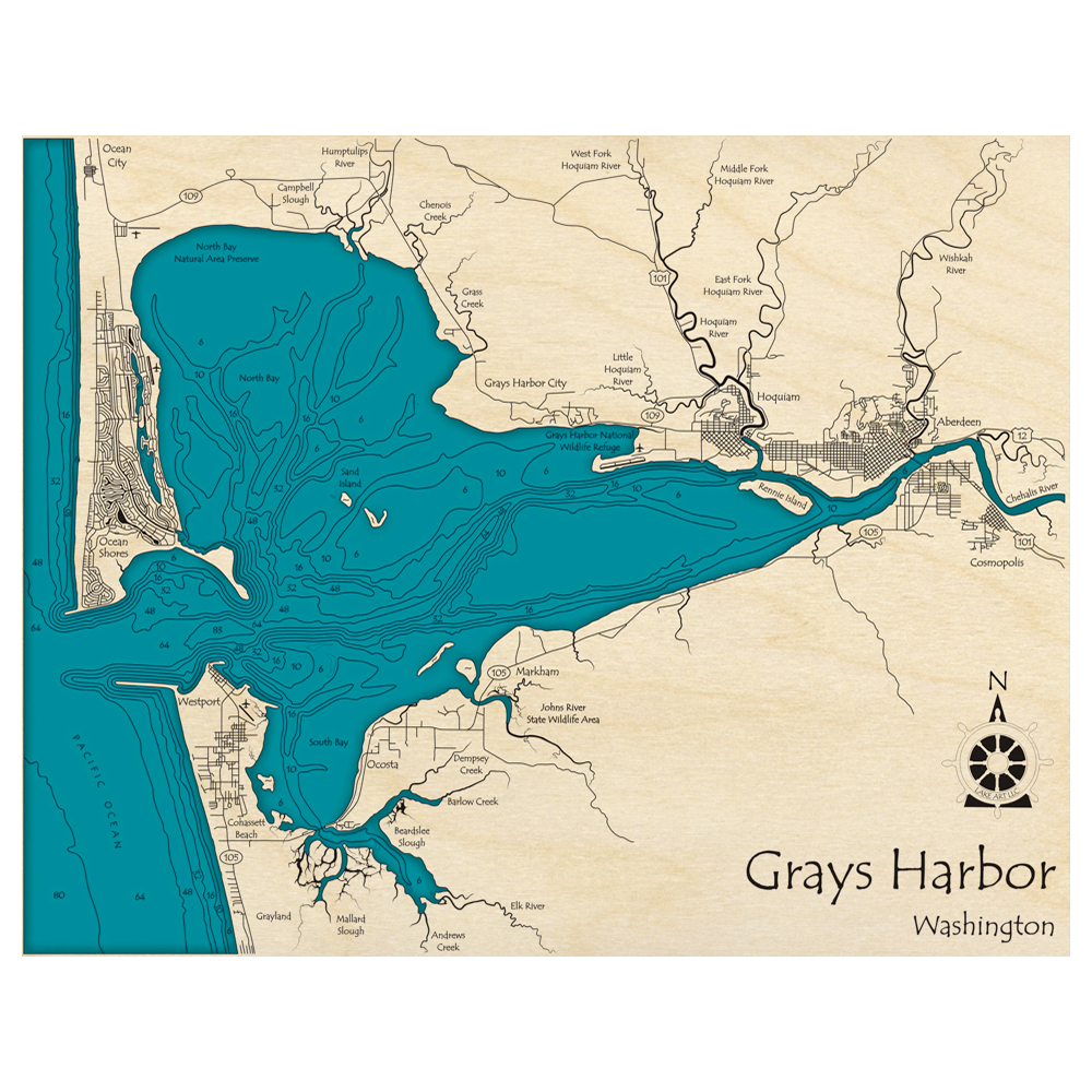 Bathymetric topo map of Grays Harbor, WA with roads, towns and depths noted in blue water.
