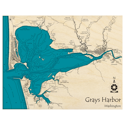Bathymetric topo map of Grays Harbor, WA with roads, towns and depths noted in blue water.