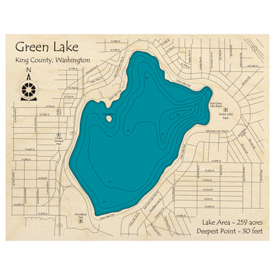 Bathymetric topo map of Green Lake, WA with roads, towns and depths noted in blue water.