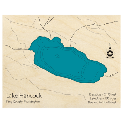 Bathymetric topo map of Lake Hancock, WA with roads, towns and depths noted in blue water.