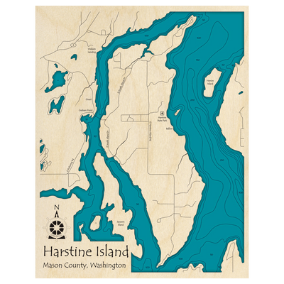 Bathymetric topo map of Harstine Island, WA with roads, towns and depths noted in blue water.