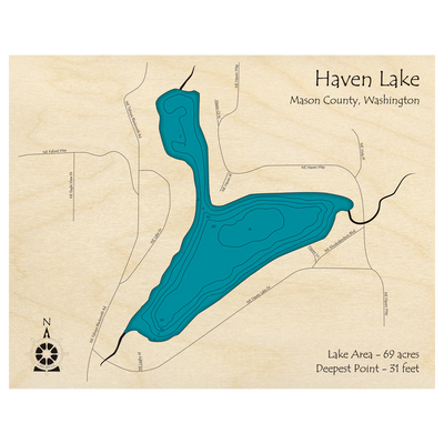 Bathymetric topo map of Haven Lake, WA with roads, towns and depths noted in blue water.