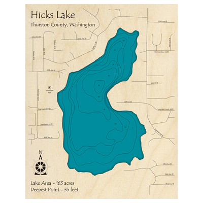 Bathymetric topo map of Hicks Lake, WA with roads, towns and depths noted in blue water.