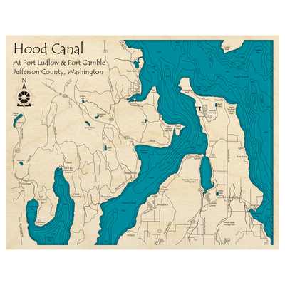 Bathymetric topo map of Hood Canal at Port Ludlow, WA with roads, towns and depths noted in blue water.