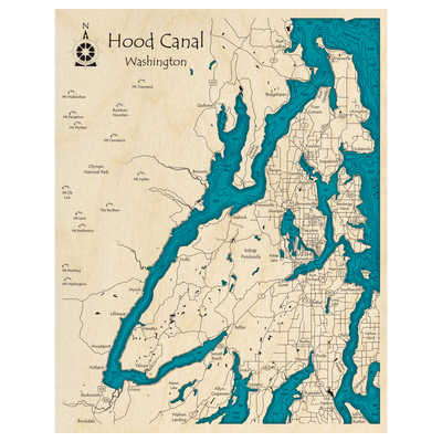 Bathymetric topo map of Hood Canal, WA with roads, towns and depths noted in blue water.