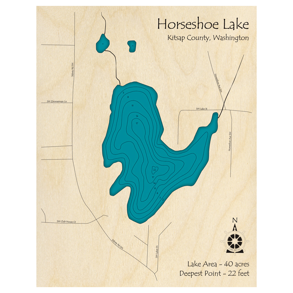 Bathymetric topo map of Horseshoe Lake, WA with roads, towns and depths noted in blue water.