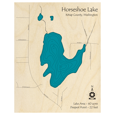 Bathymetric topo map of Horseshoe Lake, WA with roads, towns and depths noted in blue water.