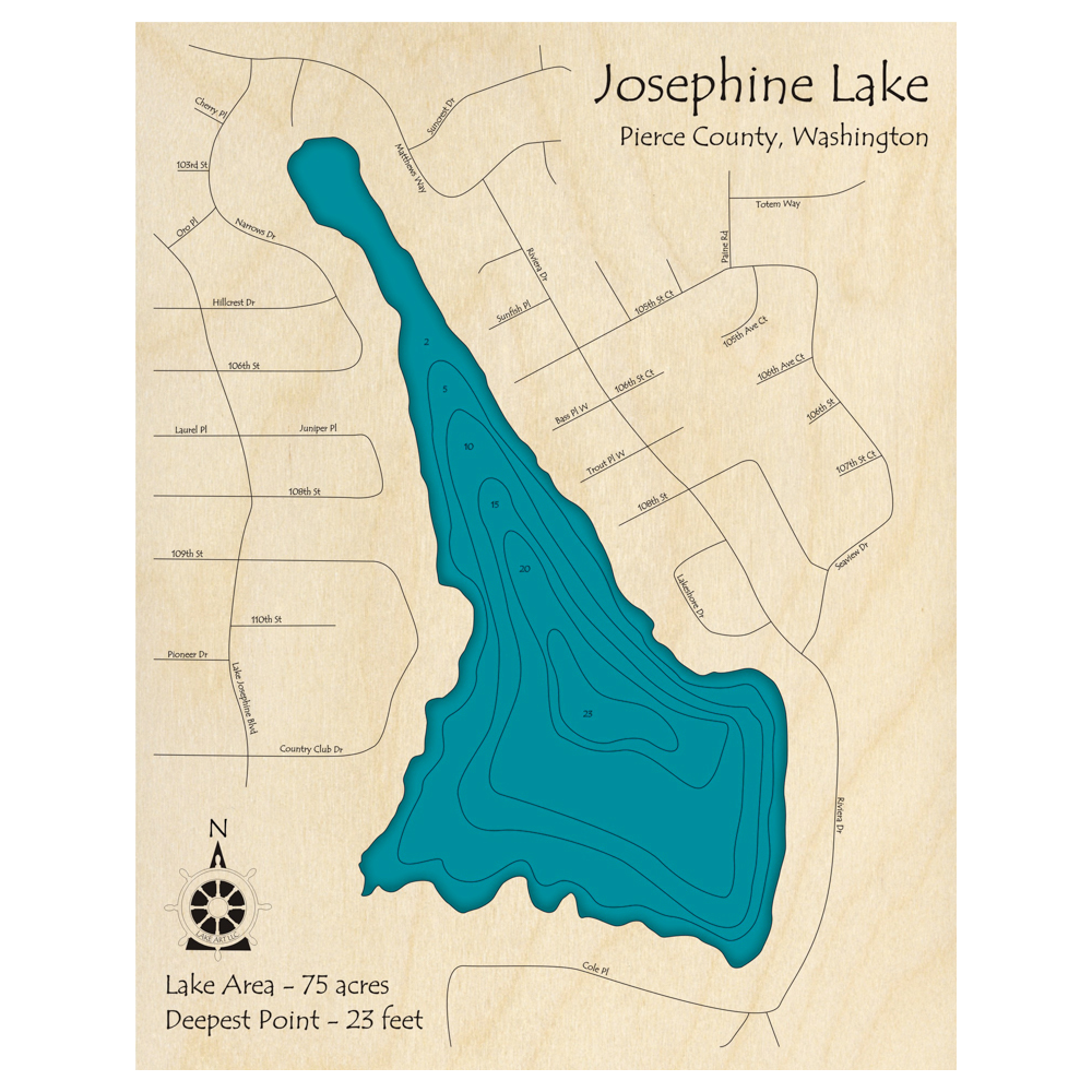 Bathymetric topo map of Josephine Lake, WA with roads, towns and depths noted in blue water.