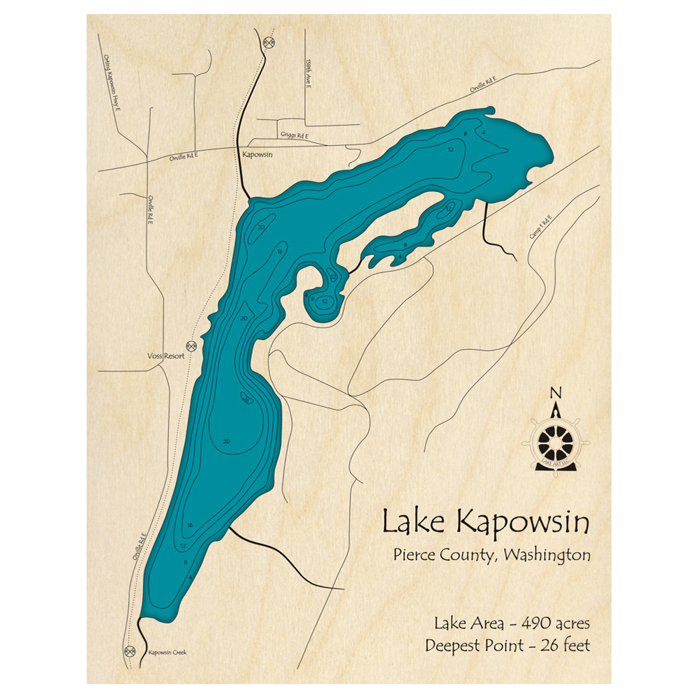 Bathymetric topo map of Lake Kapowsin, WA with roads, towns and depths noted in blue water.