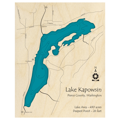 Bathymetric topo map of Lake Kapowsin, WA with roads, towns and depths noted in blue water.