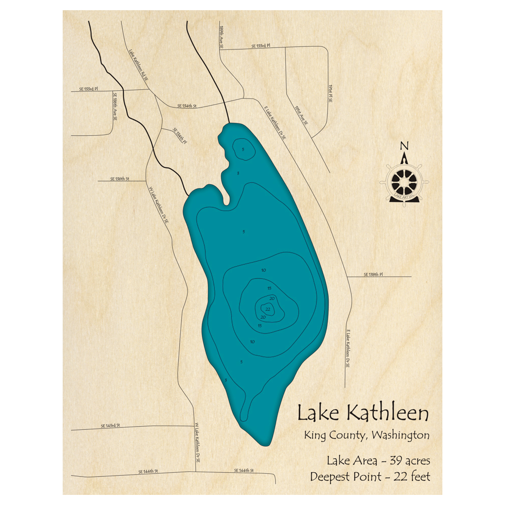 Bathymetric topo map of Lake Kathleen, WA with roads, towns and depths noted in blue water.