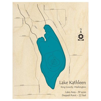 Bathymetric topo map of Lake Kathleen, WA with roads, towns and depths noted in blue water.