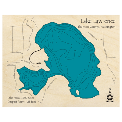 Bathymetric topo map of Lake Lawrence, WA with roads, towns and depths noted in blue water.