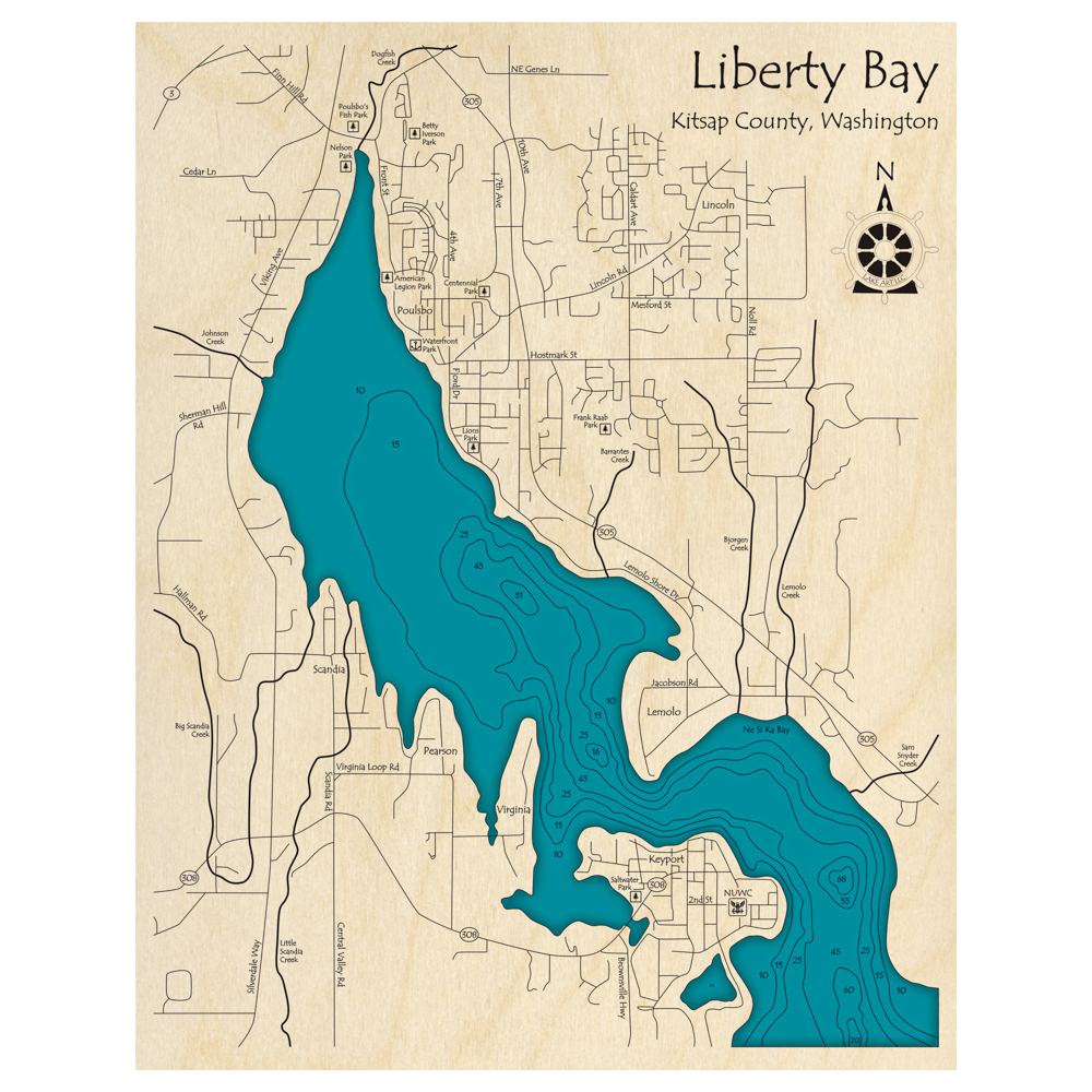 Bathymetric topo map of Liberty Bay, WA with roads, towns and depths noted in blue water.