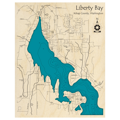 Bathymetric topo map of Liberty Bay, WA with roads, towns and depths noted in blue water.