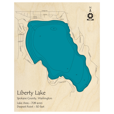 Bathymetric topo map of Liberty Lake, WA with roads, towns and depths noted in blue water.