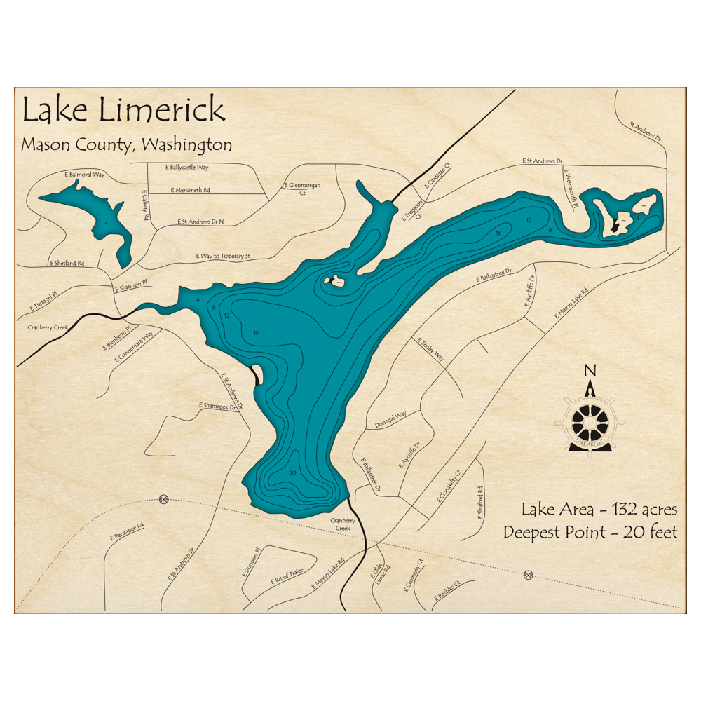 Bathymetric topo map of Lake Limerick, WA with roads, towns and depths noted in blue water.