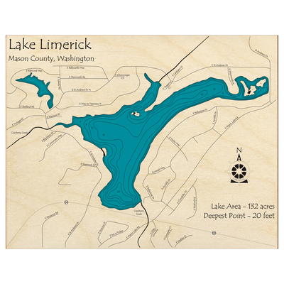 Bathymetric topo map of Lake Limerick, WA with roads, towns and depths noted in blue water.