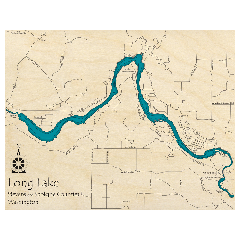 Bathymetric topo map of Long Lake, WA with roads, towns and depths noted in blue water.
