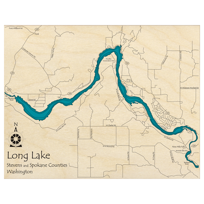 Bathymetric topo map of Long Lake, WA with roads, towns and depths noted in blue water.