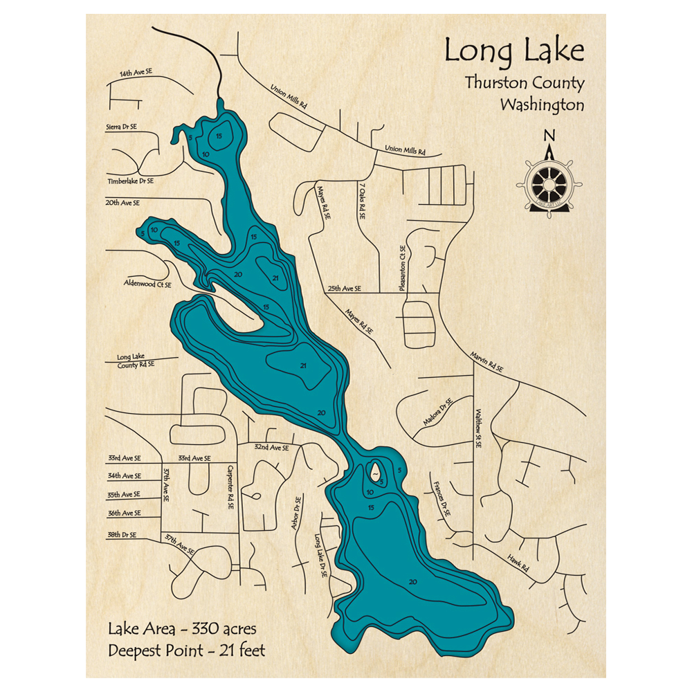 Bathymetric topo map of Long Lake, WA with roads, towns and depths noted in blue water.