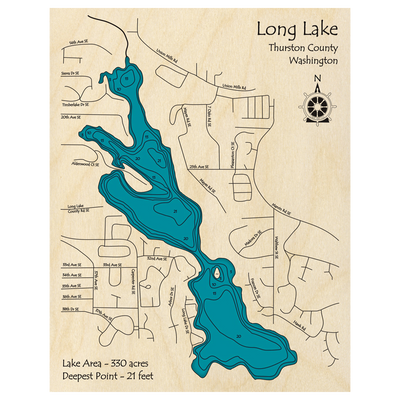 Bathymetric topo map of Long Lake, WA with roads, towns and depths noted in blue water.