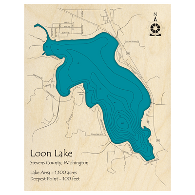 Bathymetric topo map of Loon Lake, WA with roads, towns and depths noted in blue water.