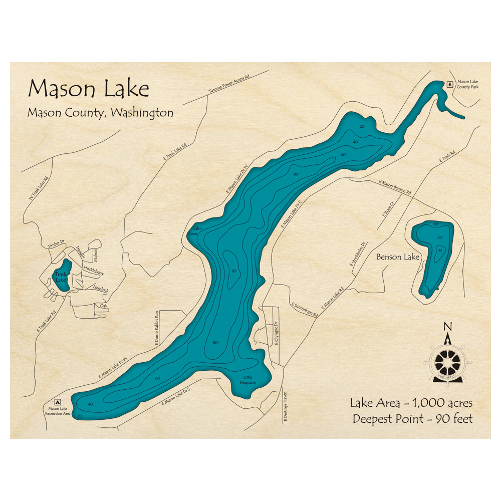 Bathymetric topo map of Mason Lake, WA with roads, towns and depths noted in blue water.