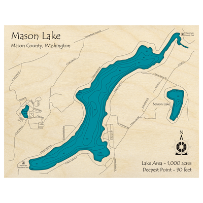 Bathymetric topo map of Mason Lake, WA with roads, towns and depths noted in blue water.
