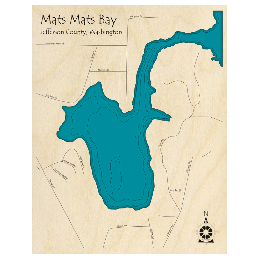 Bathymetric topo map of Mats Mats Bay, WA with roads, towns and depths noted in blue water.