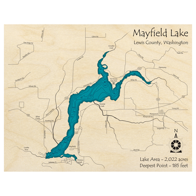 Bathymetric topo map of Mayfield Lake, WA with roads, towns and depths noted in blue water.
