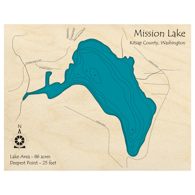 Bathymetric topo map of Mission Lake, WA with roads, towns and depths noted in blue water.