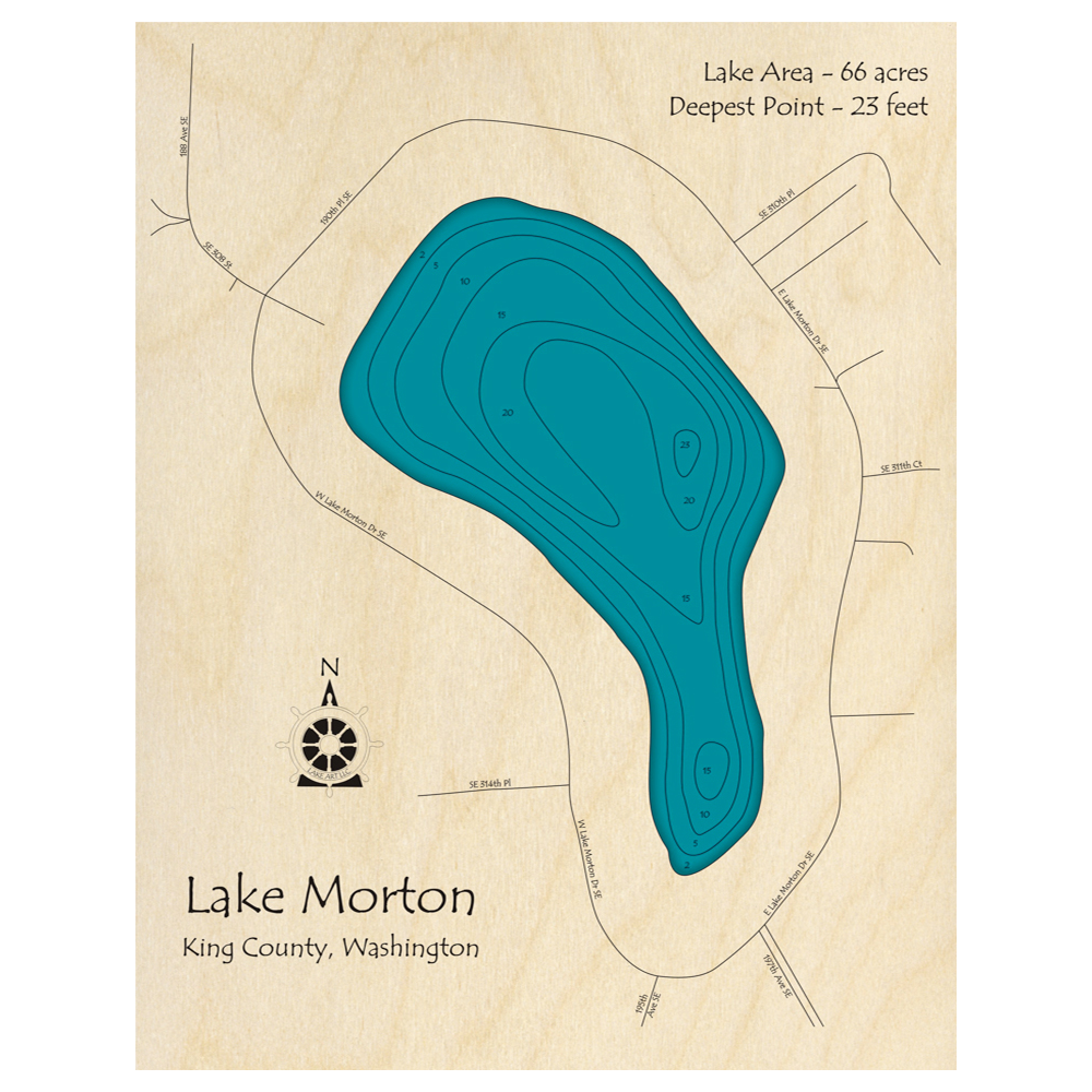 Bathymetric topo map of Lake Morton, WA with roads, towns and depths noted in blue water.