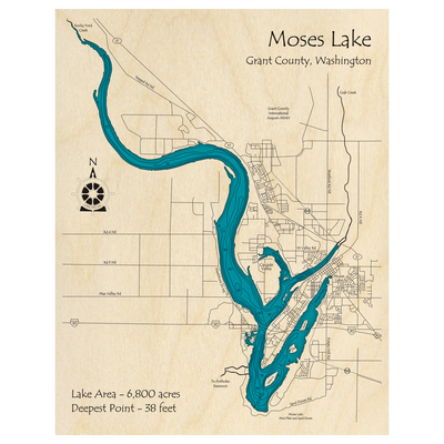 Bathymetric topo map of Moses Lake, WA with roads, towns and depths noted in blue water.