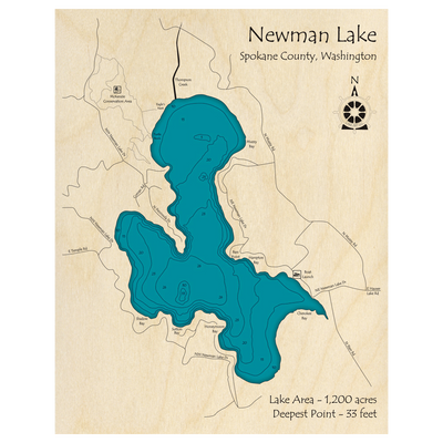 Bathymetric topo map of Newman Lake, WA with roads, towns and depths noted in blue water.