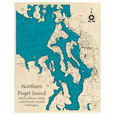 Bathymetric topo map of Northern Puget Sound, WA with roads, towns and depths noted in blue water.