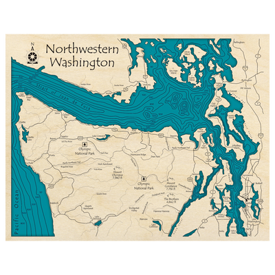 Bathymetric topo map of Northwestern Washington, WA with roads, towns and depths noted in blue water.