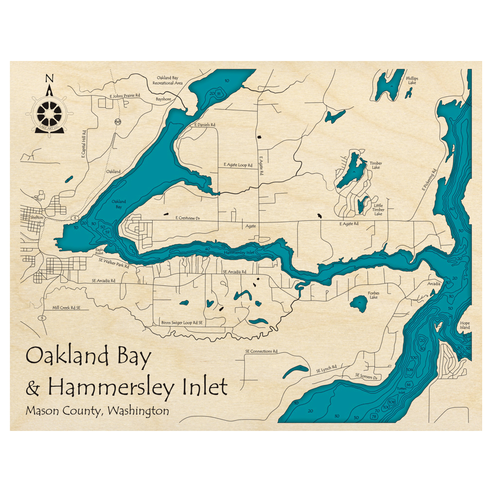 Bathymetric topo map of Oakland Bay and Hammersley Inlet, WA with roads, towns and depths noted in blue water.