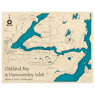 Bathymetric topo map of Oakland Bay and Hammersley Inlet, WA with roads, towns and depths noted in blue water.