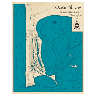 Bathymetric topo map of Ocean Shores, WA with roads, towns and depths noted in blue water.