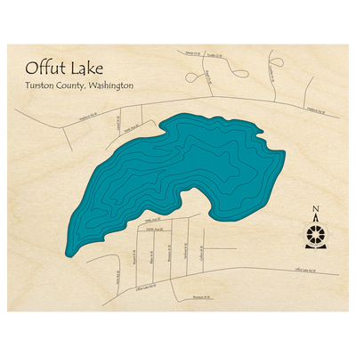 Bathymetric topo map of Offut Lake, WA with roads, towns and depths noted in blue water.
