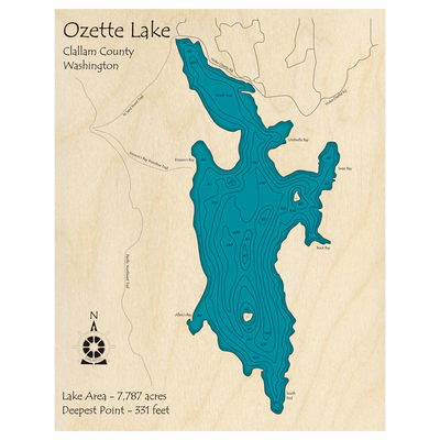 Bathymetric topo map of Ozette Lake, WA with roads, towns and depths noted in blue water.